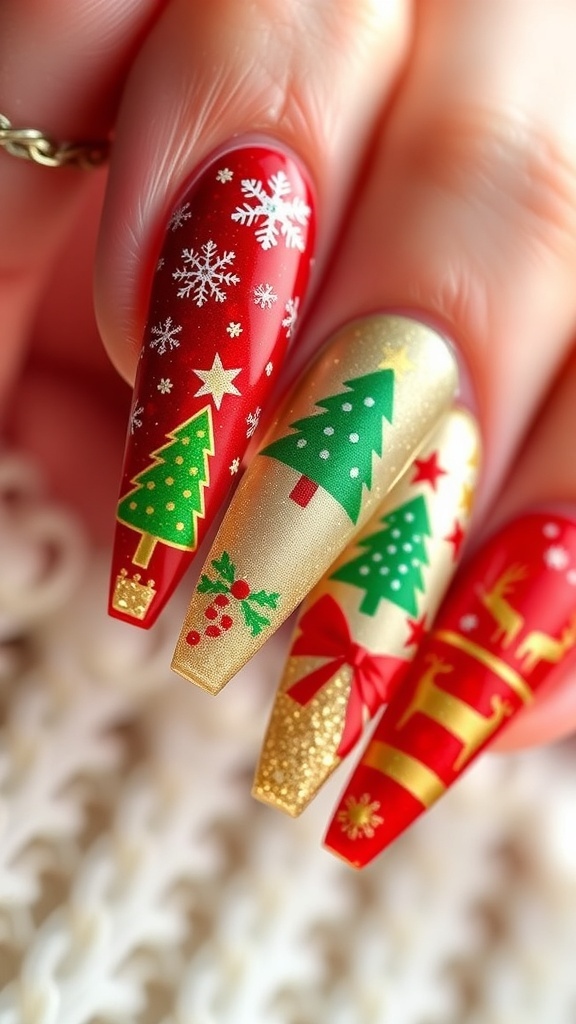 Long Christmas nails with festive designs including snowflakes and Christmas trees in red and green.